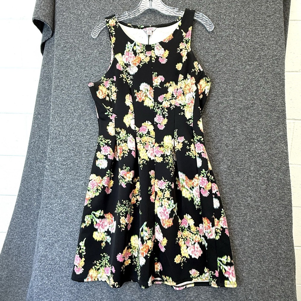 Womans Summer Dress Black Floral Sleeveless Round Neck Knee Length Lined Large